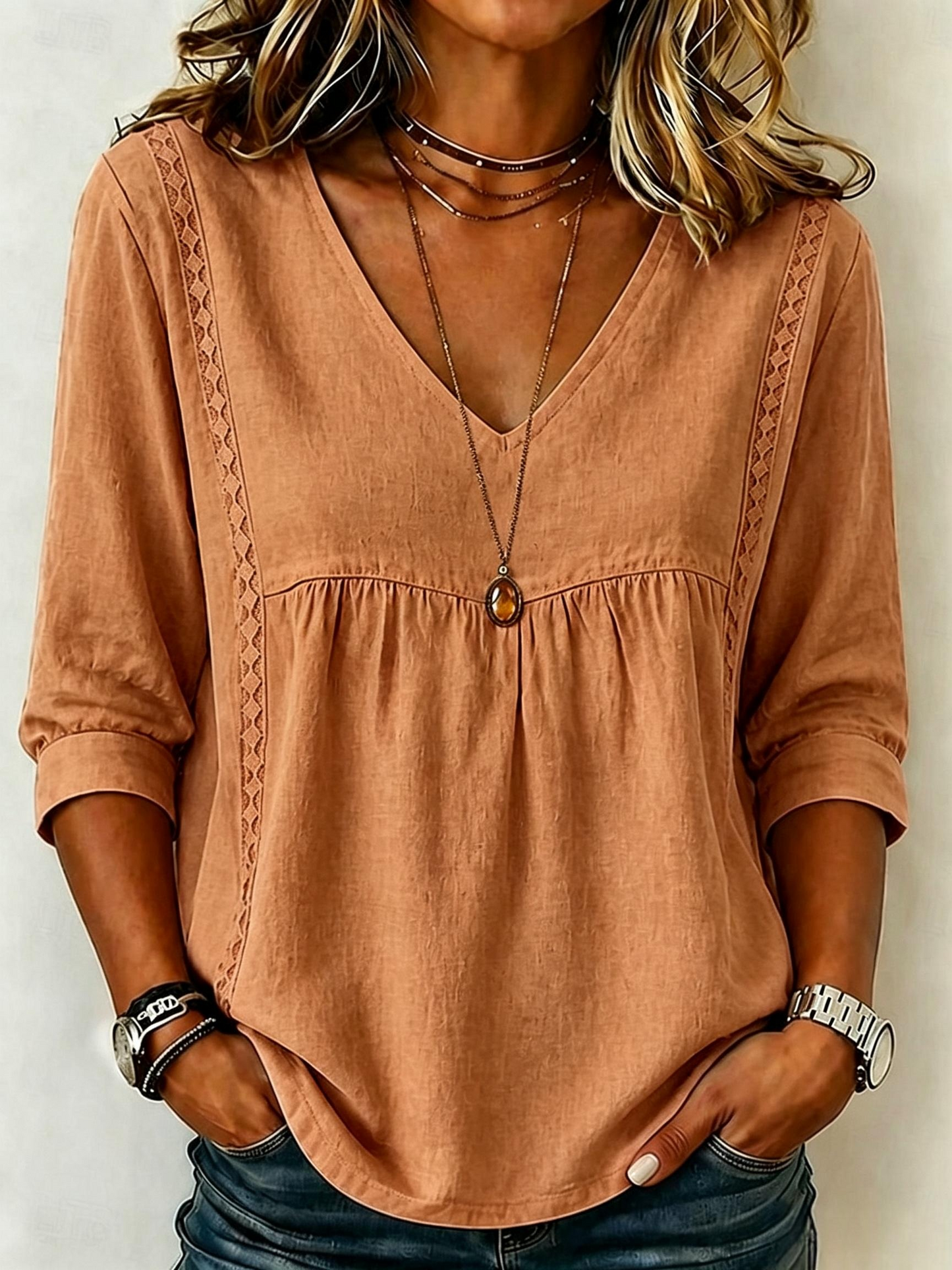 Women's Loose-Fit V-Neck Lace Blouse, 3/4-Length Puff Sleeves
