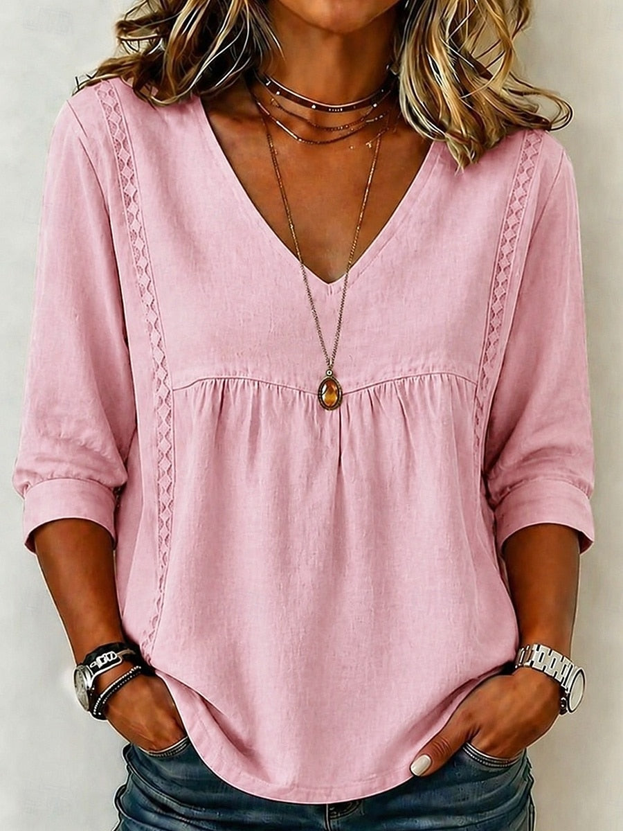 Women's Loose-Fit V-Neck Lace Blouse, 3/4-Length Puff Sleeves