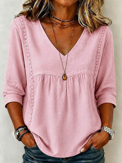 Women's Loose-Fit V-Neck Lace Blouse, 3/4-Length Puff Sleeves