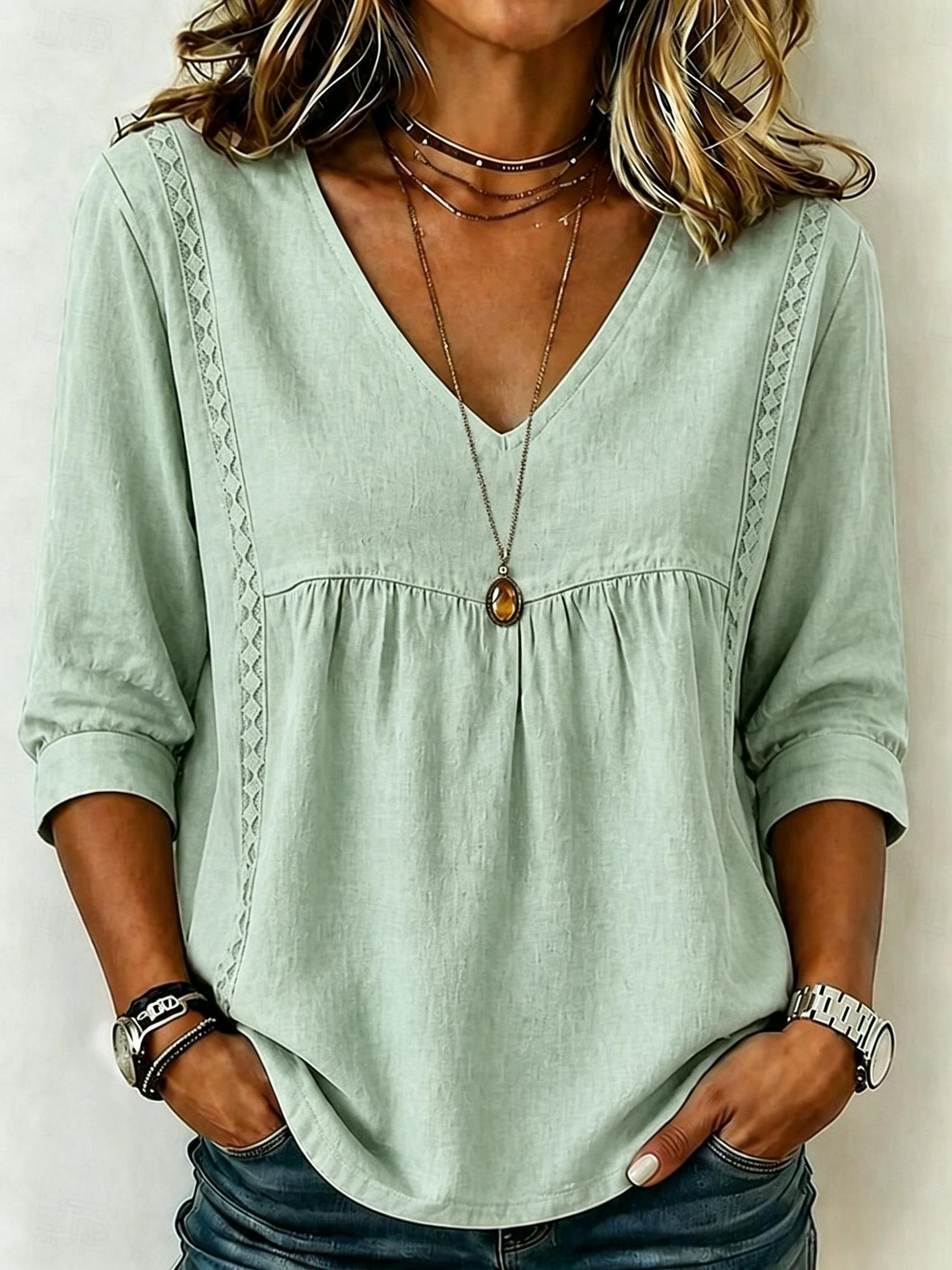 Women's Loose-Fit V-Neck Lace Blouse, 3/4-Length Puff Sleeves