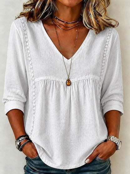 Women's Loose-Fit V-Neck Lace Blouse, 3/4-Length Puff Sleeves