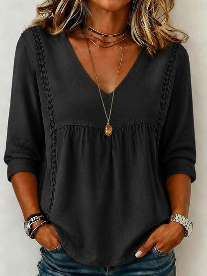 Women's Loose-Fit V-Neck Lace Blouse, 3/4-Length Puff Sleeves