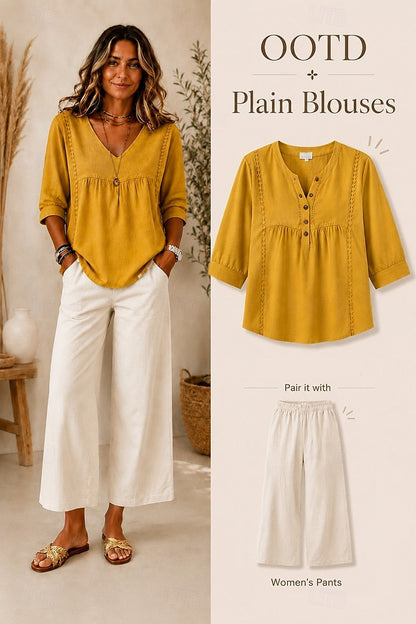 Women's Loose-Fit V-Neck Lace Blouse, 3/4-Length Puff Sleeves