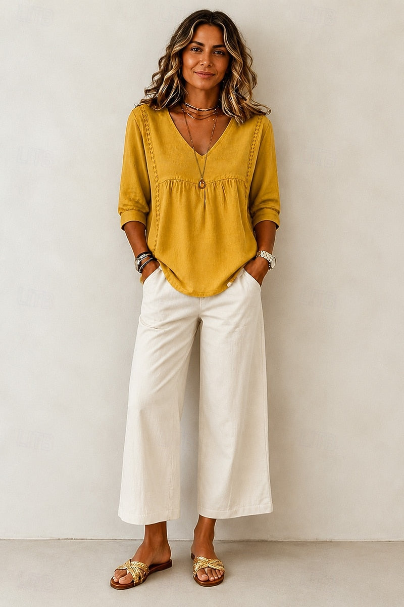 Women's Loose-Fit V-Neck Lace Blouse, 3/4-Length Puff Sleeves
