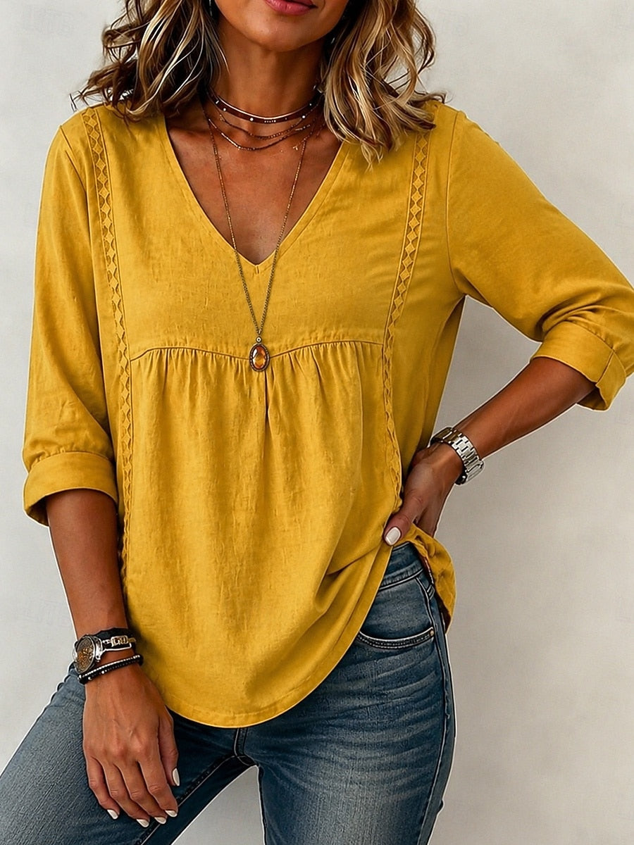Women's Loose-Fit V-Neck Lace Blouse, 3/4-Length Puff Sleeves