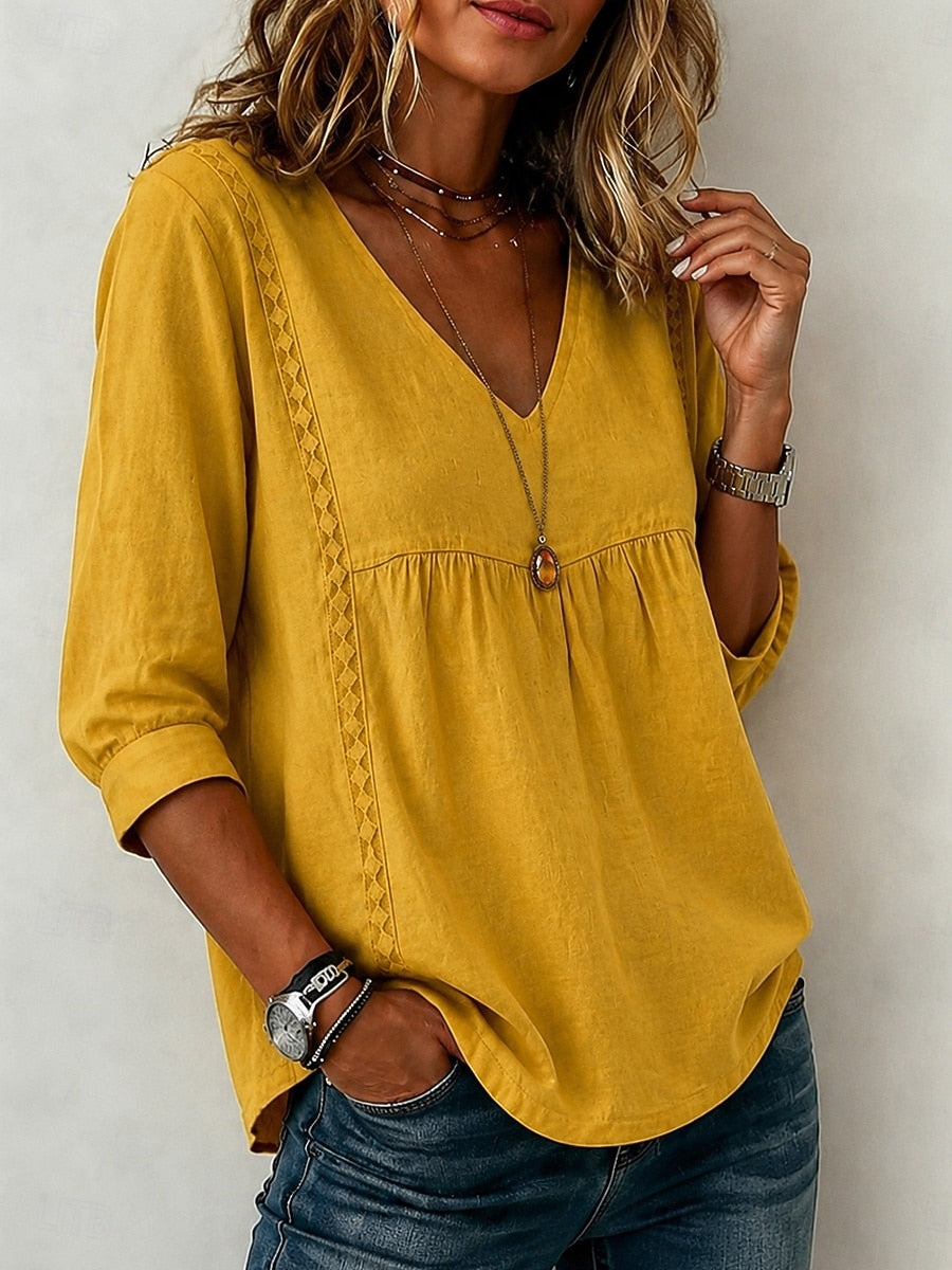 Women's Loose-Fit V-Neck Lace Blouse, 3/4-Length Puff Sleeves