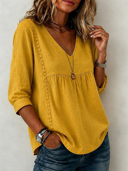 Women's Loose-Fit V-Neck Lace Blouse, 3/4-Length Puff Sleeves