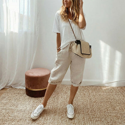 👖 LIMITED-TIME 70% OFF! ✨ Women's Cotton Linen Capris – Loose, Cropped, Rolled Cuff, Pockets 🌿